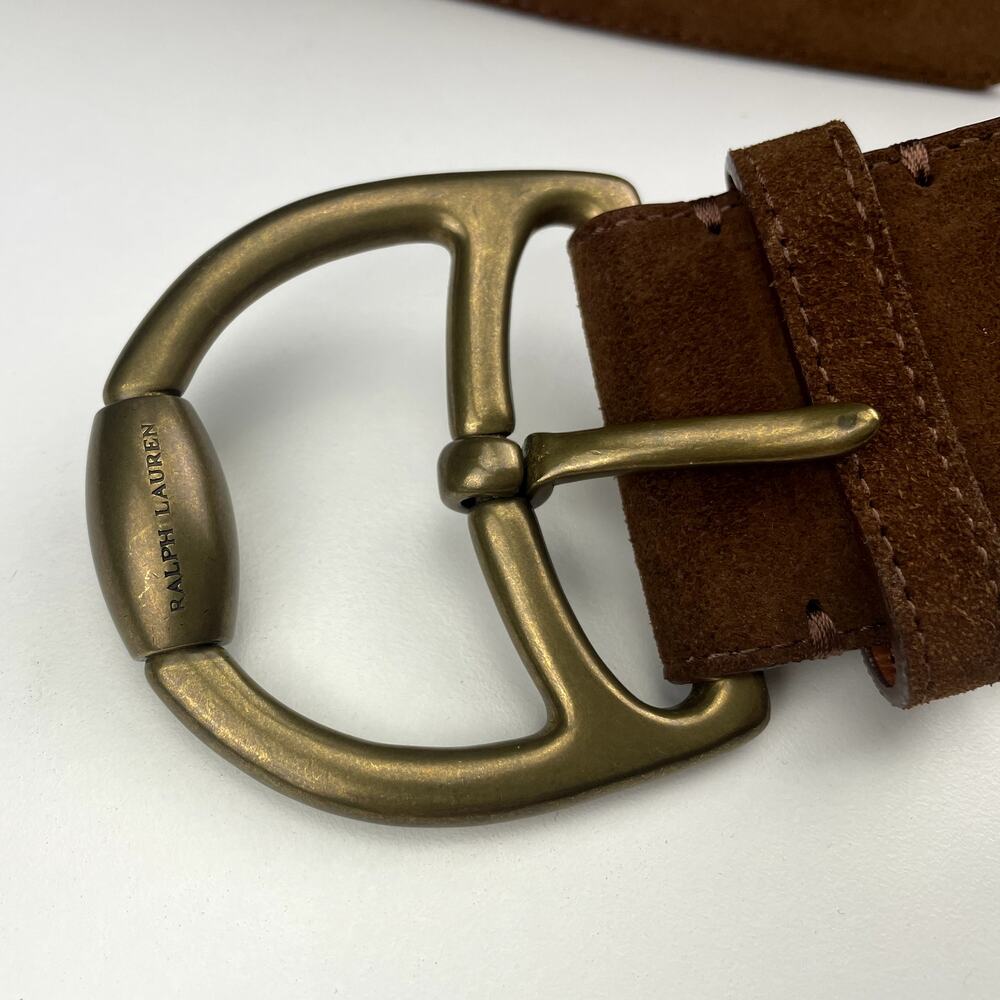 VTG RALPH LAUREN Brown Suede Belt Horse Bit Brass Buckle Womens (S) 2”x38” Boho